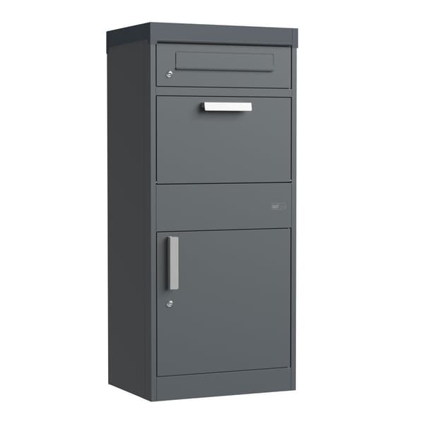 AXI Levi Metall Paketbrevlåda antracit/trälook med planteringslåda | Paketlåda för flera paket | Brevlåda med lås | 50,6 x 38,3 x 117 cm