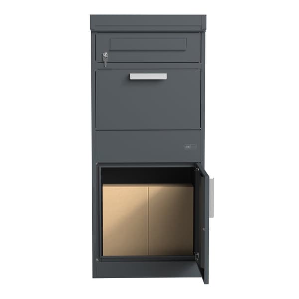 AXI Levi Metall Paketbrevlåda antracit/trälook med planteringslåda | Paketlåda för flera paket | Brevlåda med lås | 50,6 x 38,3 x 117 cm