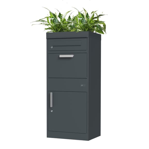 AXI Levi Metall Paketbrevlåda antracit/trälook med planteringslåda | Paketlåda för flera paket | Brevlåda med lås | 50,6 x 38,3 x 117 cm