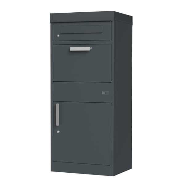 AXI Levi Metall Paketbrevlåda antracit/trälook med planteringslåda | Paketlåda för flera paket | Brevlåda med lås | 50,6 x 38,3 x 117 cm