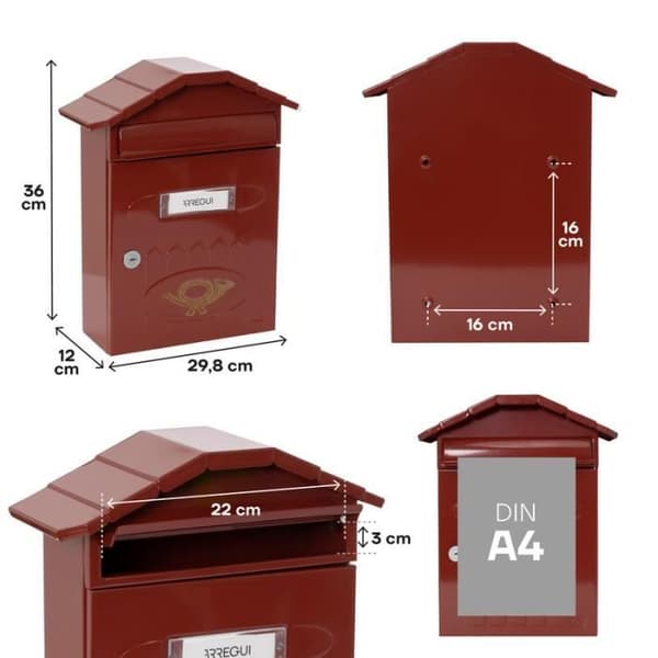 ARREGUI Villa E5002 Brevlåda i enkel stål, A4-storlek, tjock väggmonterad postlåda, regntät, röd