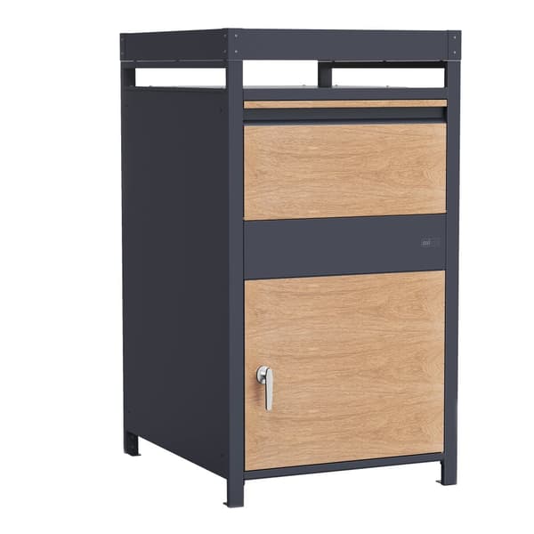AXI Louis Metall Paketbrevlåda antracit/trälook med planteringslåda | Paketlåda för flera paket | Brevlåda med lås | 68 x 80 x 124 cm