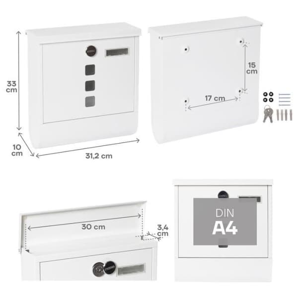ARREGUI Chance E7001 Enkel brevlåda i stål med tidningsställ, A4-storlek, täckt lås och korthållare, vit