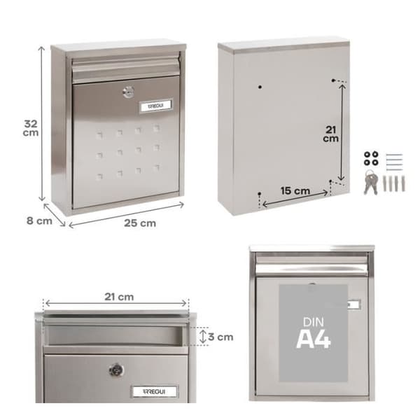 ARREGUI Dime V1327 Individuell brevlåda i rostfritt stål, A4-format, Väggmonterad, Grupperbar, Smal botten, Anti-korrosion