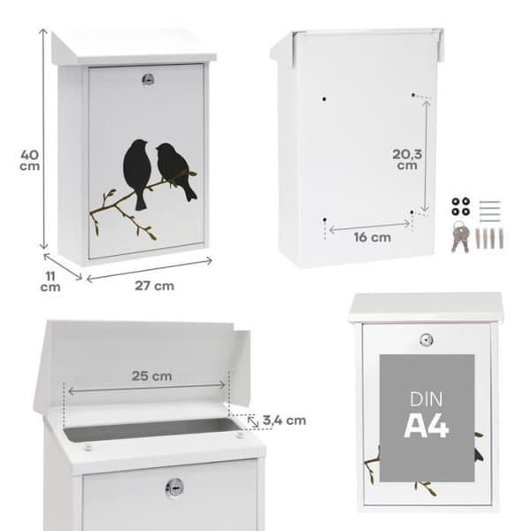 ARREGUI Premium E5601-BIR Individuell Brevlåda i Stål med silartryck "Fåglar", A4-format, Väggmonterad, Regntålig, Vit