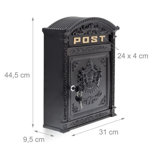 Relaxdays Väggmonterad postlåda vintage nostalgisk gjutjärn aluminium HxlxB 44,5 x 31 x 9,5 cm rund tak, svart