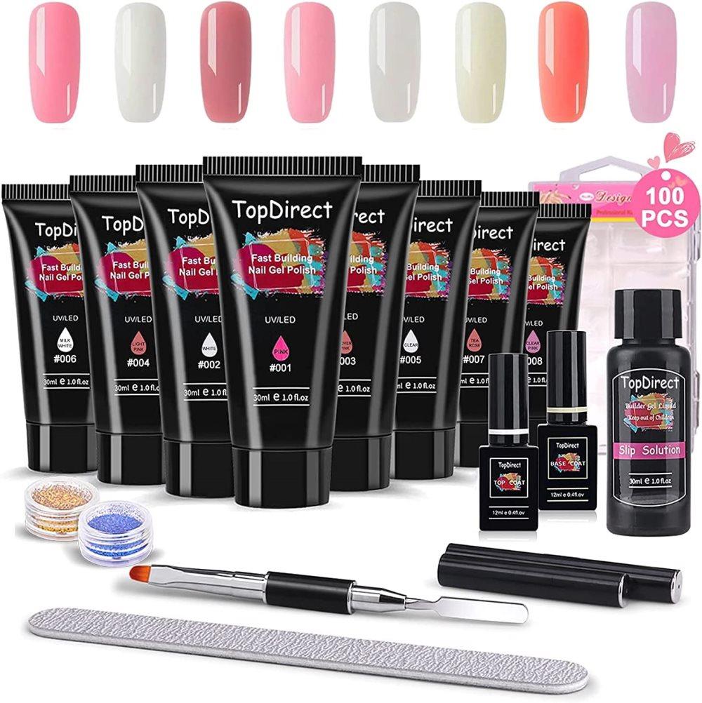 nail gel färg set nagelkit polygel, nagelgelset, 8 färger, poly nagelgel, nagellack, UV-färggel, nagelgel med toppbeläggning, sliplösning, nagelborste
