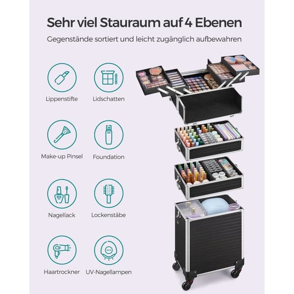 Rootz kosmetiketui med hjul - Makeup Organizer - Beauty Case - Aluminiumsramme - MDF - ABS plastik - 34cm x 24cm x 79,3cm - Sort