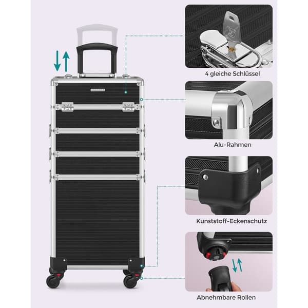 Rootz kosmetiketui med hjul - Makeup Organizer - Beauty Case - Aluminiumsramme - MDF - ABS plastik - 34cm x 24cm x 79,3cm - Sort