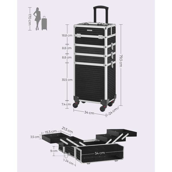 Rootz kosmetiketui med hjul - Makeup Organizer - Beauty Case - Aluminiumsramme - MDF - ABS plastik - 34cm x 24cm x 79,3cm - Sort