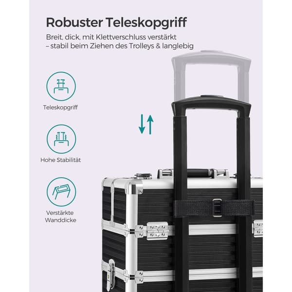 Rootz kosmetiketui med hjul - Makeup Organizer - Beauty Case - Aluminiumsramme - MDF - ABS plastik - 34cm x 24cm x 79,3cm - Sort