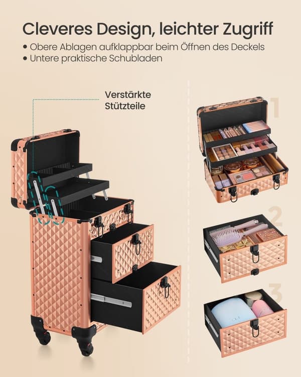 Rootz Champagne Gold Kosmetiketui - Makeup Organizer - Skønhedsopbevaring - Aluminiumsramme - MDF - ABS-plastik - Bærbar - Letvægts - Rummelig - 34cm