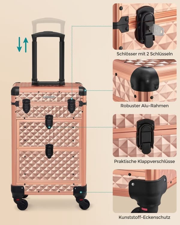 Rootz Champagne Gold Kosmetiketui - Makeup Organizer - Skønhedsopbevaring - Aluminiumsramme - MDF - ABS-plastik - Bærbar - Letvægts - Rummelig - 34cm