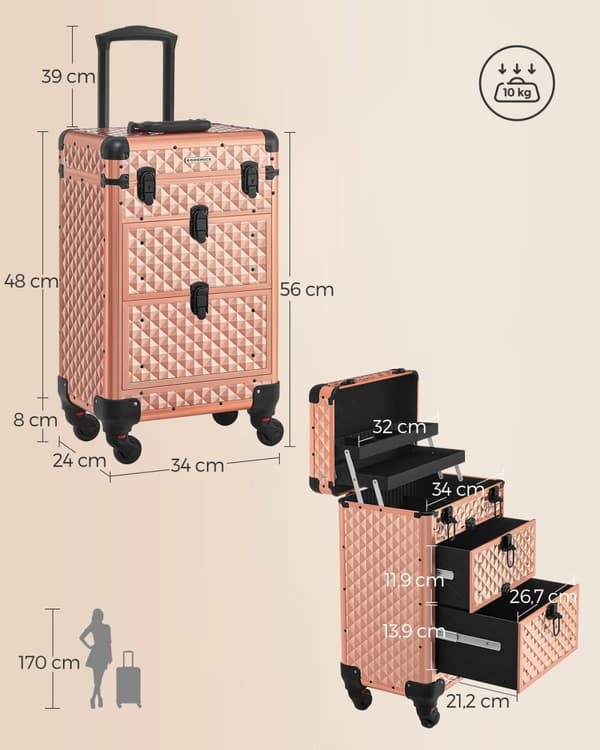 Rootz Champagne Gold Kosmetiketui - Makeup Organizer - Skønhedsopbevaring - Aluminiumsramme - MDF - ABS-plastik - Bærbar - Letvægts - Rummelig - 34cm