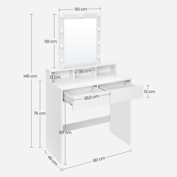Sminkebord med LED-speil - Justerbar Belysning, Romslig Oppbevaring