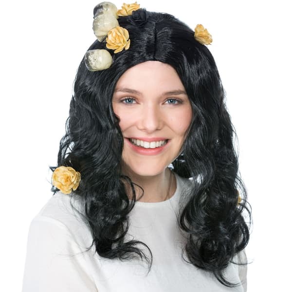 Paryk med dødningehoveder og blomster - sort