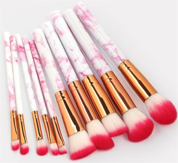Professionelle skånsomme makeupbørster 10-pack, Marmor Fuchsia