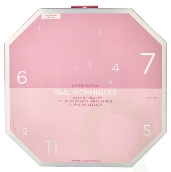 Real Techniques 12 Days Of Glow Advent Calendar 12 piece Cleansing Sponge/Complexion Sponge/Travel Sponge Cage/Mask Applicator/5 Brushes/Brush Cleanse