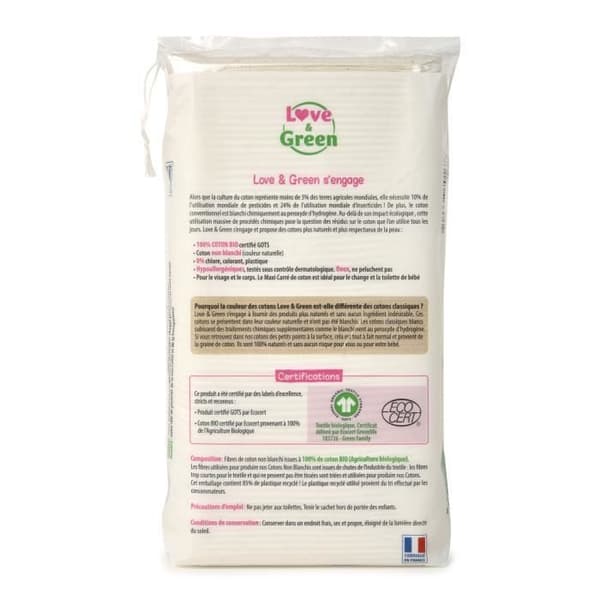 LOVE &amp; GREEN Hypoallergen fyrkantig bomull - 100 % organisk bomull oblekt - 60 bomull
