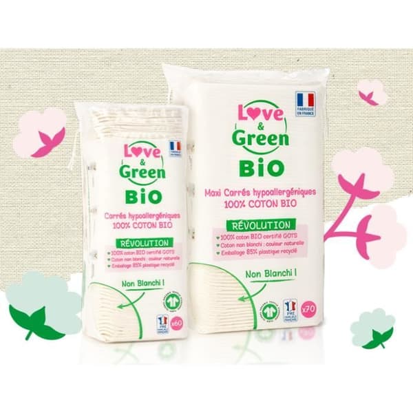 LOVE &amp; GREEN Hypoallergena Maxi Squares bomull - 100 % organisk bomull oblekt - 70 bomull