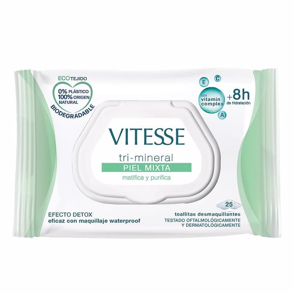 VITESSE TRI-MINERAL MIXED SKIN make-up remover wipes 25 u