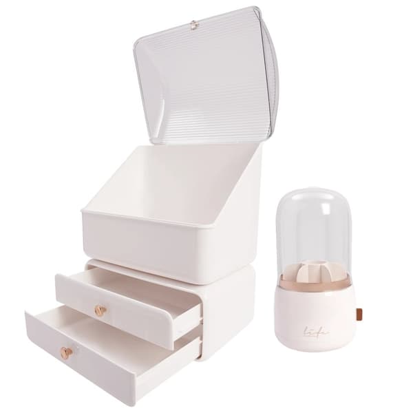 Makeup Organizer, Dobbelt Skuffe Opbevaring, Drejelig Børste Holder,Hvid