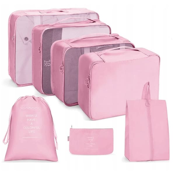 ECARLA Travel Set 7 Pieces - Matkasetti, jossa on 7 kappaletta kosmetiikkalaukkuja, järjestelypusseja, vaaleanpunainen