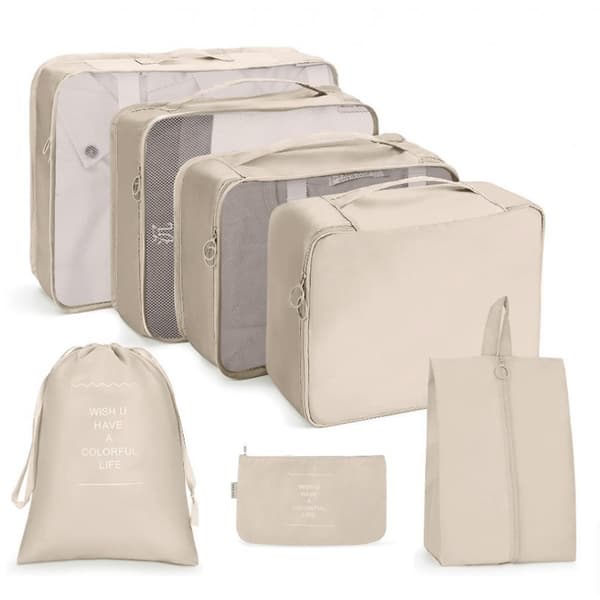 ECARLA Travel Set - Reseset med 7 st kosmetiska väskor, organisatörspåsar, Beige