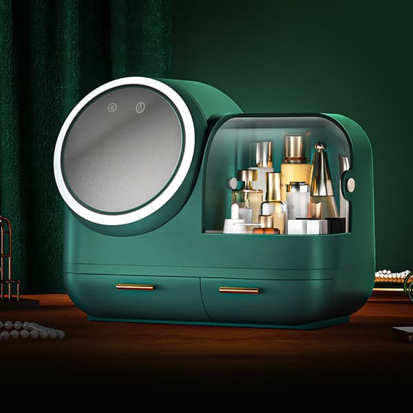 Makeup Organizer, Indbygget LED-lys, Stort kapacitetsdesign, Integreret blæser