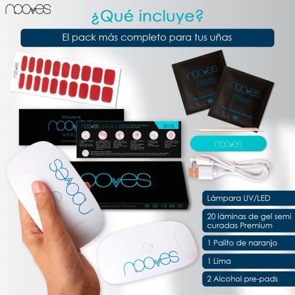 NOOVES NAILS Pack Red Designs Premium Pre-cured Gel Nail Stickers + 8W Portabel UV/LED Nagellampa - Crimson Red