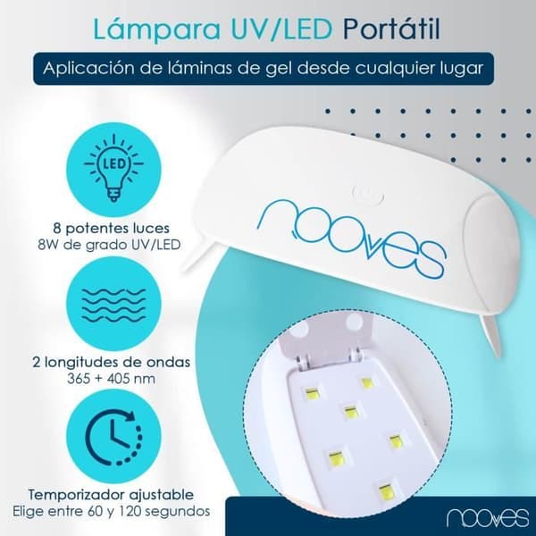 NOOVES NAILS Pack Pink Designs Premium Pre-cured Gel Nail Stickers + 8W Bärbar UV/LED Nagellampa - ljusrosa