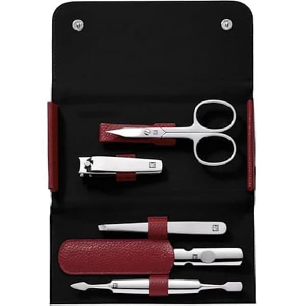 Manikyrset - ZWILLING - 5 delar - Rött läderfodral - Nagelvårdverktyg - Ergonomisk