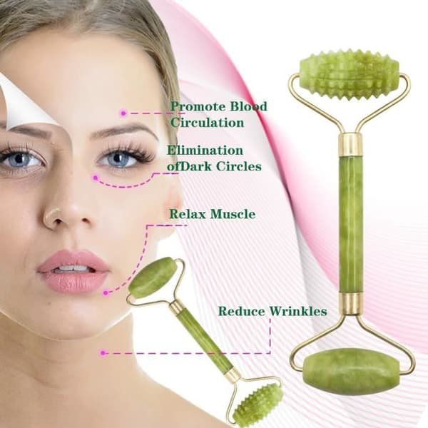 Jade Roller för ansiktsmassage, Skin Roller för nacke, dubbelt huvud, lös hud, Natural Jade Green 3 -FJFK1345