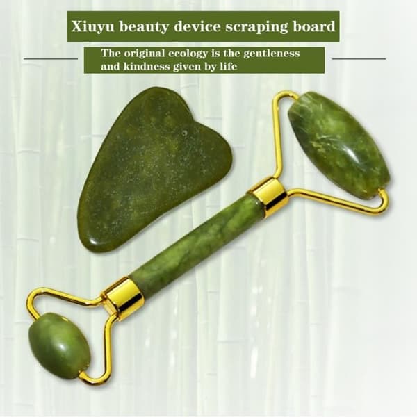 Jade Roller för ansiktsmassage, Skin Roller för nacke, dubbelt huvud, lös hud, Natural Jade Green 3 -FJFK1345
