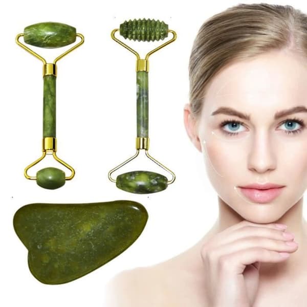 Jade Roller för ansiktsmassage, Skin Roller för nacke, dubbelt huvud, lös hud, Natural Jade Green 3 -FJFK1345