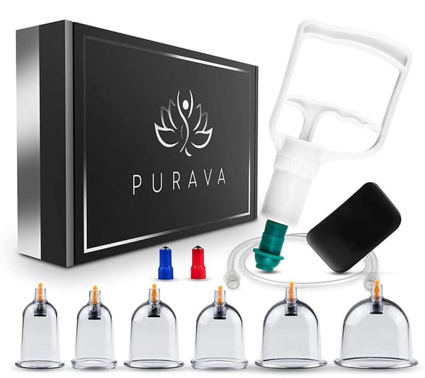 PURAVA kinesisk cupping-terapisæt med vakuumpumpe - cupping-sæt til spændinger, rygsmerter og cellulitelindring - sæt med 12 stk.