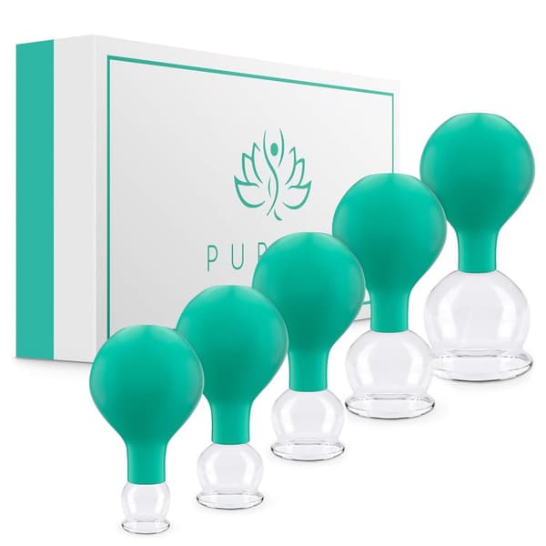 PURAVA Cupping terapisæt med sugebold, glaskoppesæt til hals, ansigt og krop til spændinger, rygsmerter og cellulite - sæt med 5