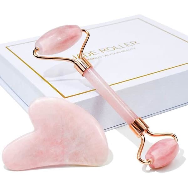 Jade Roller, Ansiktsmassager i Jade, Gua Sha Grattare för Ansiktet, 100% Naturlig Rosenkvarts Jade Roller (Rosa)