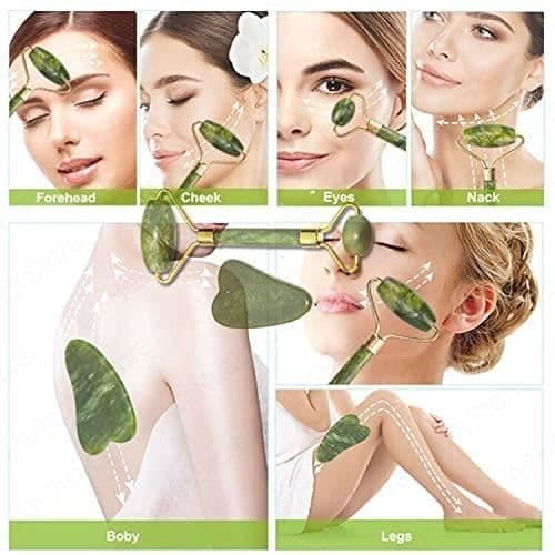 Jade Rulle, Jade Ansiktsmassage, Gua Sha Grattare för Ansiktsmassage, 100% Naturlig Jade Roller, (Grön)