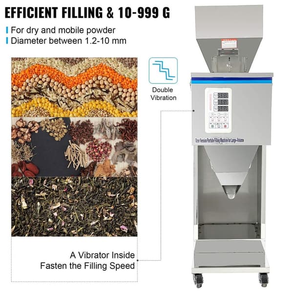 200W 10-999g 10-20 påsar/min pulverpåfyllningsmaskin, mikrodatorkontroll, effektiv och exakt, justerbart inlopp och utlopp, humaniserad design