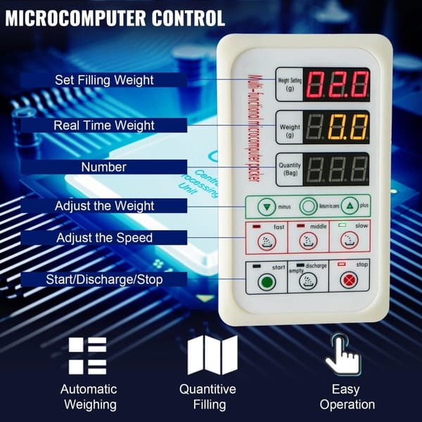 200W 10-999g 10-20 påsar/min pulverpåfyllningsmaskin, mikrodatorkontroll, effektiv och exakt, justerbart inlopp och utlopp, humaniserad design