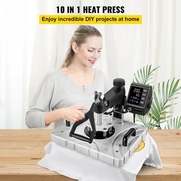 10 i 1 1000W värmepressmaskin med exakt kontroll och 3 minneslägen, dubbelrörsvärme, 360° svängning, effektiv isolering, tryckjusterbar