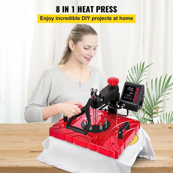 8 i 1 38x30cm 1000W värmepressmaskin, exakt styrning, dubbelrörsvärme, effektiv överföring, 360° svängning, justerbart tryck, flera skydd