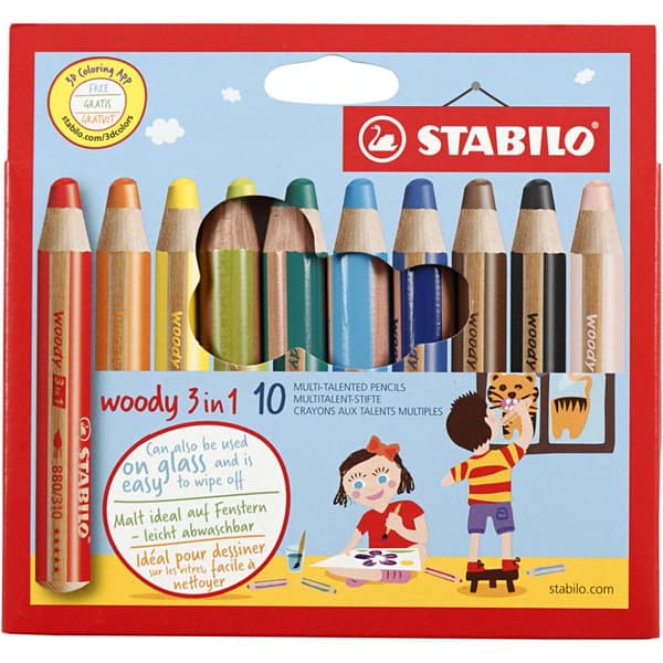 Woody 3-i-1 färgpennor - Akvarell,krita & färgpenna - 10 st