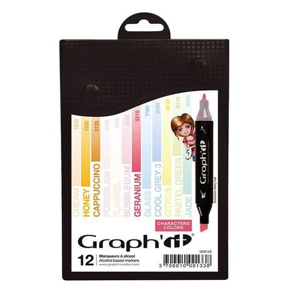 Alkoholmarkörer - Graph'it - Teckens färger - Set med 12 - Dubbel spets japansk - Omonterat