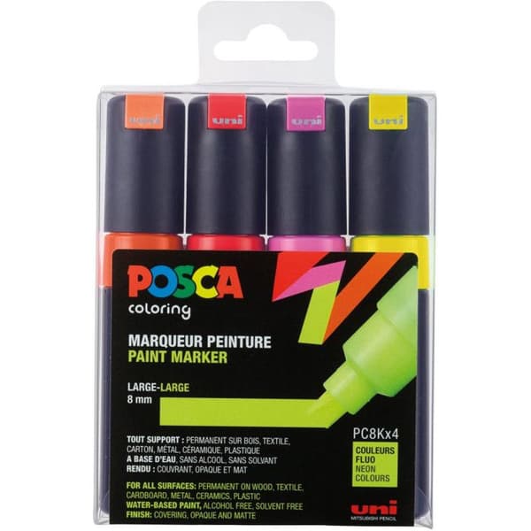 Set med 4 PC8K-markörer Neonfärger med bred fasad spets