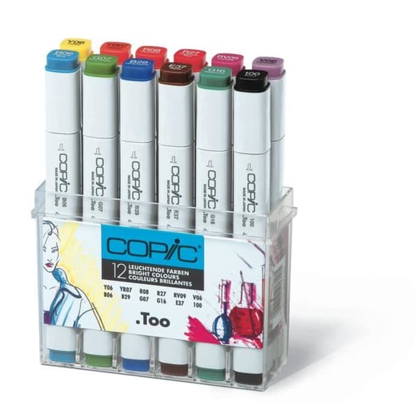 Marker - COPIC - Set med 12 - Klara färger - Dubbel spets - Opaque