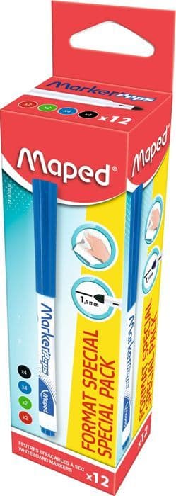 Whiteboard-penna - MAPED - Marker Peps - Paket med 12 - Färger Svart, Blå, Grön, Röd - Kulspets