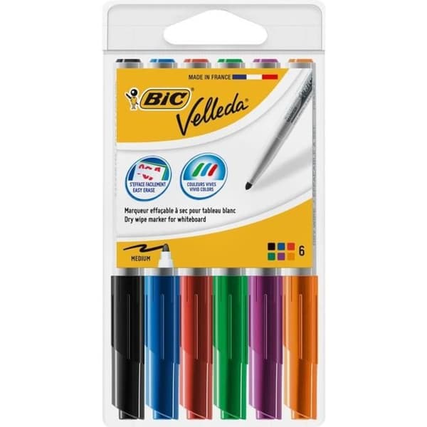BIC Velleda 1741 Dry Erase Whiteboard-markörer, Medium Bullet Tip - Diverse färger, påse med 6