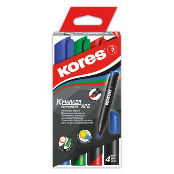K Marker permanenta markörer - Kores - Set om 4 - Mejselspets - Färgerna blå, röd, grön och svart